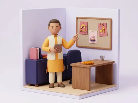 Illustration of a wedding planner at his desk with a tablet, next to a board of client weddings