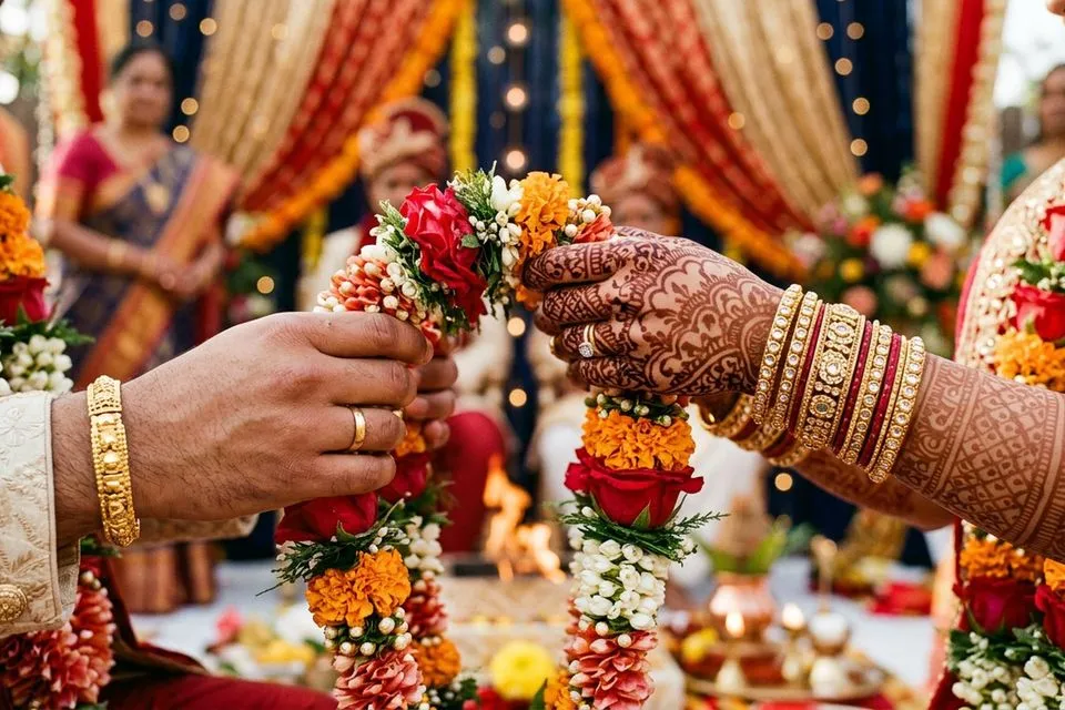 Editorial photograph of a couple in traditional Indian wedding attire