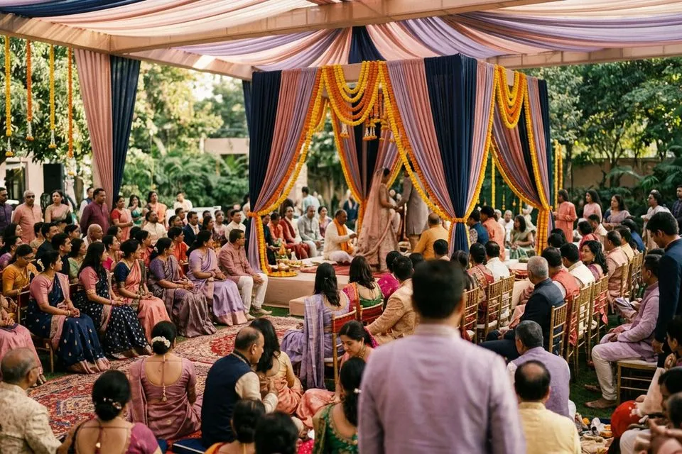 Editorial photograph of guests at an Indian wedding ceremony