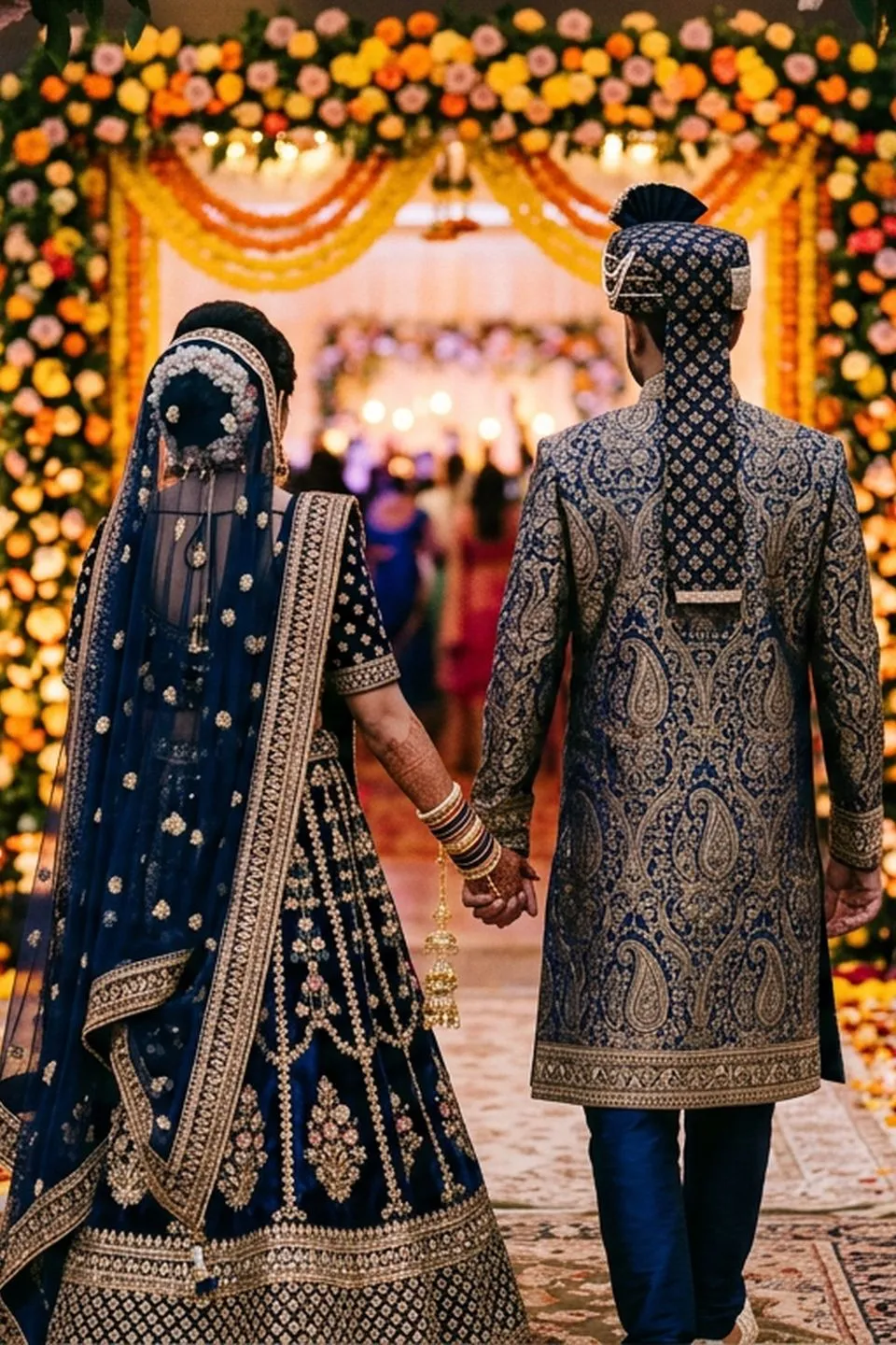 Editorial photograph of a wedding couple in traditional dress, seen from behind