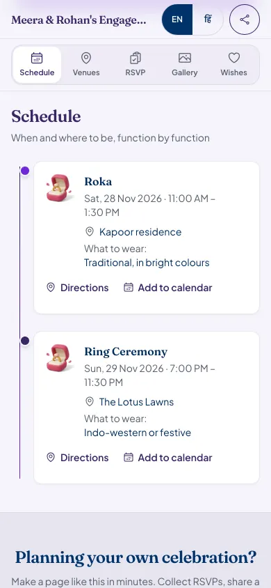 The engagement demo's schedule on a phone: the Roka on Sat, 28 Nov 2026 from 11:00 AM at the Kapoor residence, then the Ring Ceremony on Sun, 29 Nov 2026 from 7:00 PM at The Lotus Lawns, Indo-western or festive.