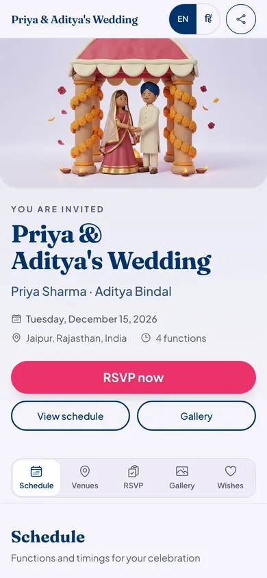 The live demo guest page on a phone: Priya & Aditya's Wedding, Tuesday, December 15, 2026, Jaipur, four functions, an RSVP now button and tabs for schedule, venues, RSVP, gallery and wishes.