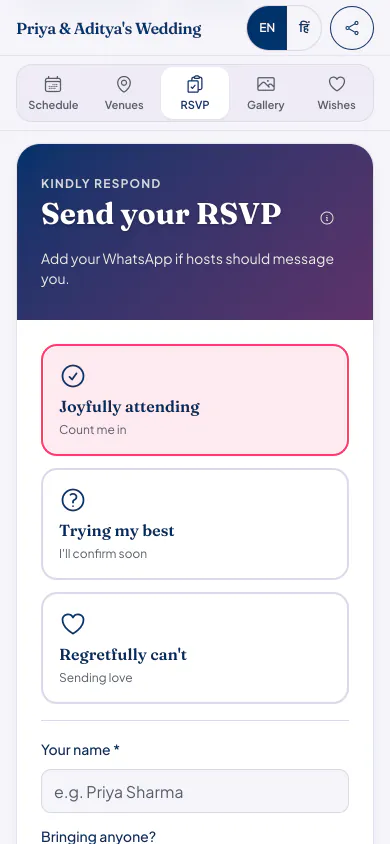 The RSVP form on the live demo guest page on a phone: Joyfully attending, Trying my best or Regretfully can't, then the guest's name.